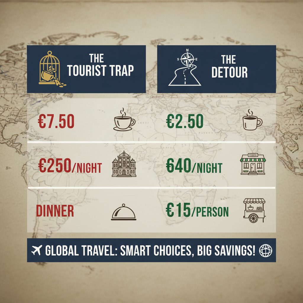 Side-by-side comparison chart showing 'The Tourist Trap' price vs 'The Detour' price for coffee, hotel, and dinner