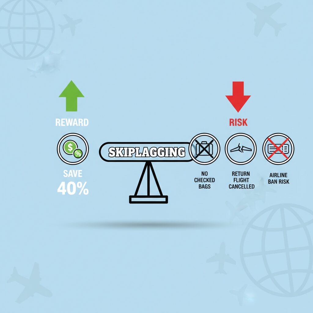 A "Risk vs Reward" scale for Skiplagging. Reward side: "Save 40%". Risk side: "No Checked Bags," "Return Flight Cancelled," "Airline Ban Risk."