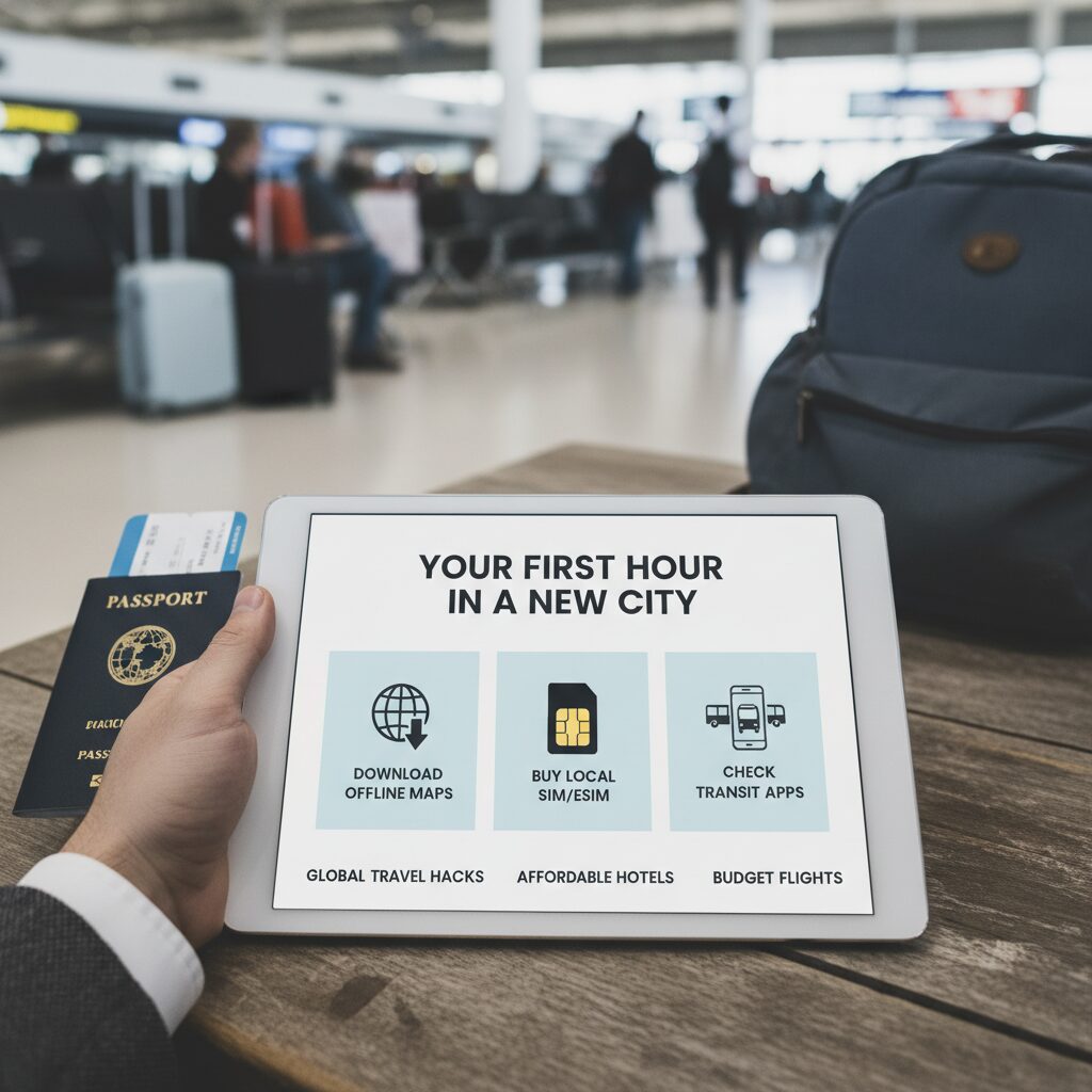Visual checklist graphic titled "Your First Hour in a New City" showing icons for downloading offline maps, buying a local SIM/eSIM, and checking for transit apps