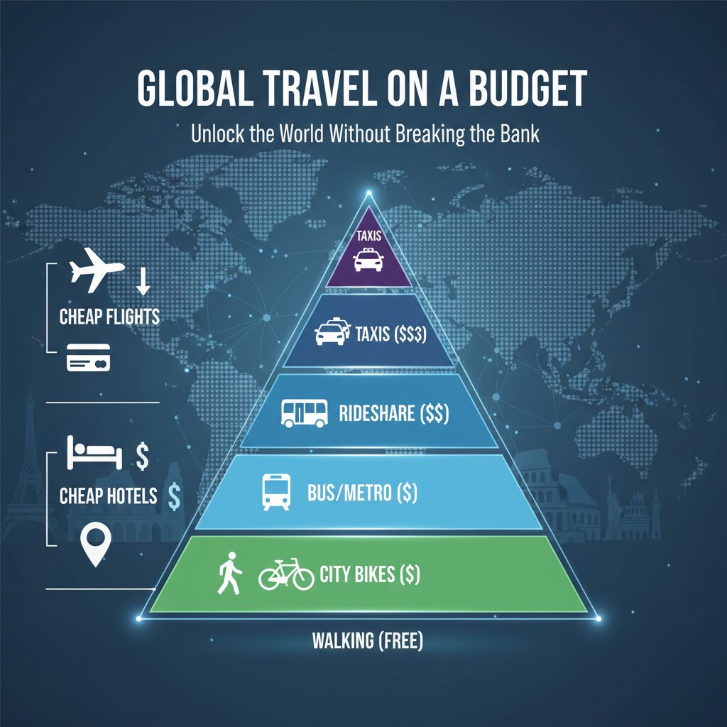 Infographic titled "The Hierarchy of Transport Costs" showing a pyramid with Walking at the base (free), followed by City Bikes, Bus/Metro, Rideshare, and Taxis at the top (most expensive)