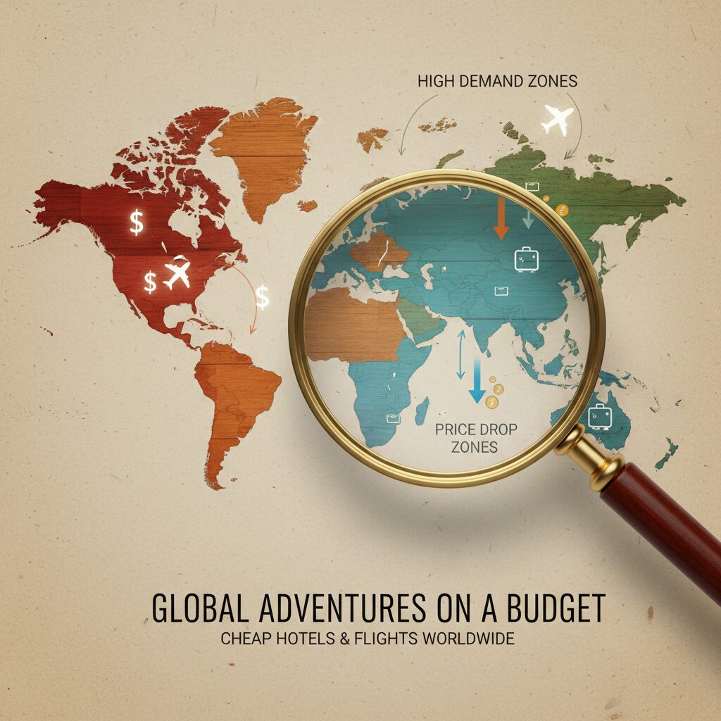 A stylized world map with icons representing "High Demand Zones" (North America, Europe) and "Price Drop Zones" (Southeast Asia). A magnifying glass focuses on the "Price Drop" areas.