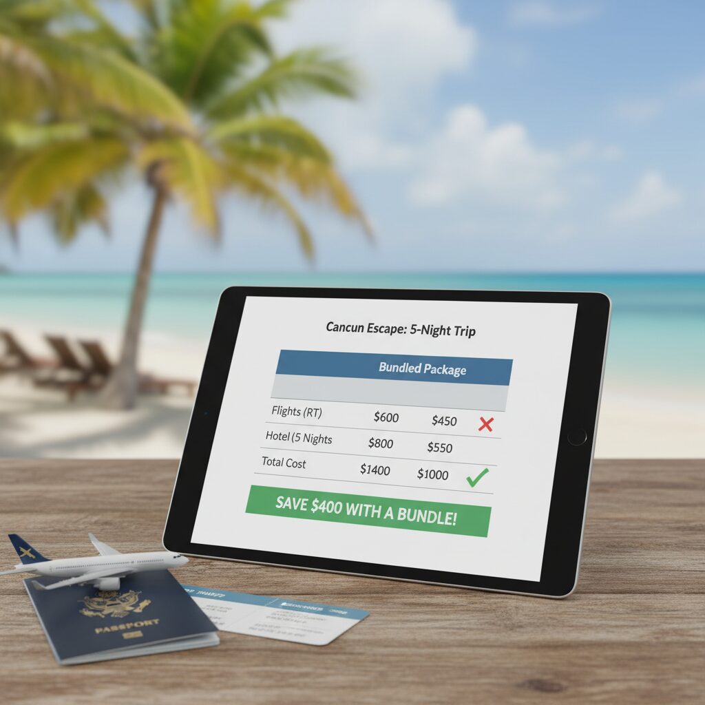Comparison Table showing the price difference between booking a flight and hotel separately versus a bundled package for a 5-night trip to Cancun.