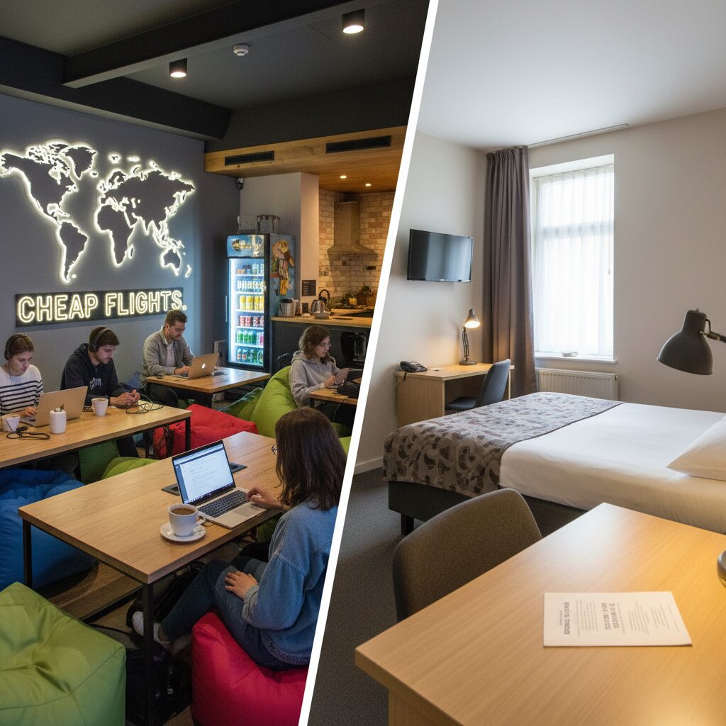 A split screen comparison showing a sleek modern hostel lobby with digital nomads working vs. a standard budget hotel room, highlighting the vibrant atmosphere of the hostel.