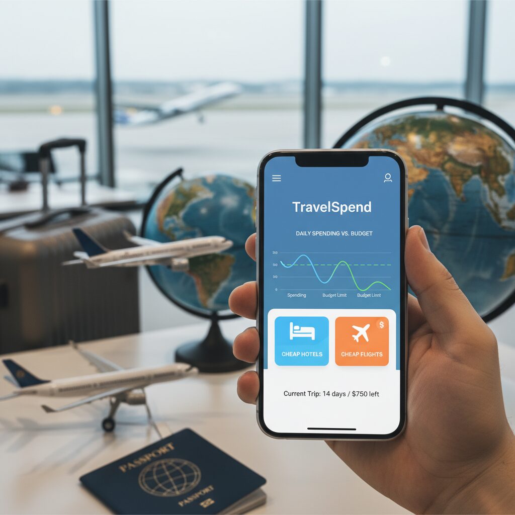 Smartphone screen showing the TravelSpend dashboard with a graph of daily spending vs. budget limit, utilizing a clean and colorful interface.