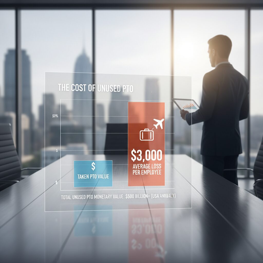 Chart showing the monetary value of unused PTO, highlighting the average loss of $3,000 per employee.