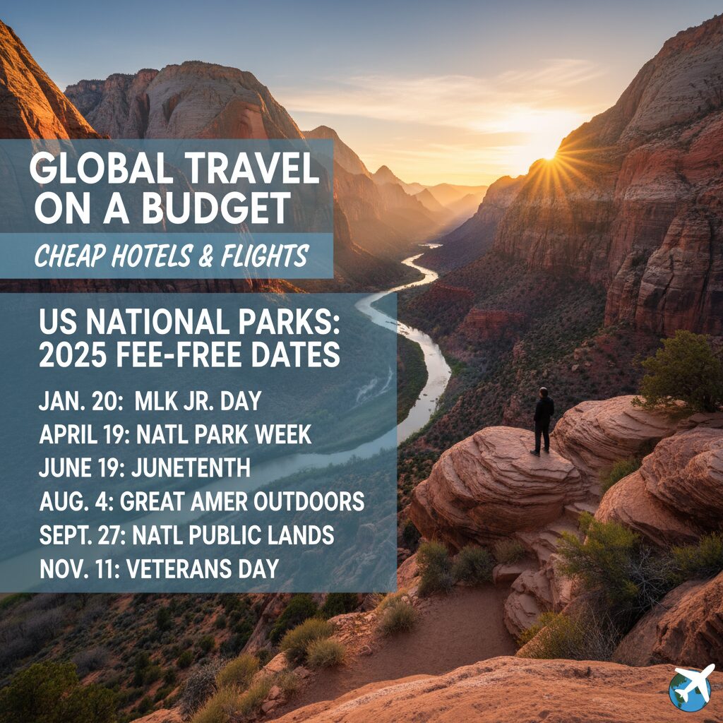 A scenic landscape photo of a US National Park with an overlay text listing the six fee-free dates for 2025.