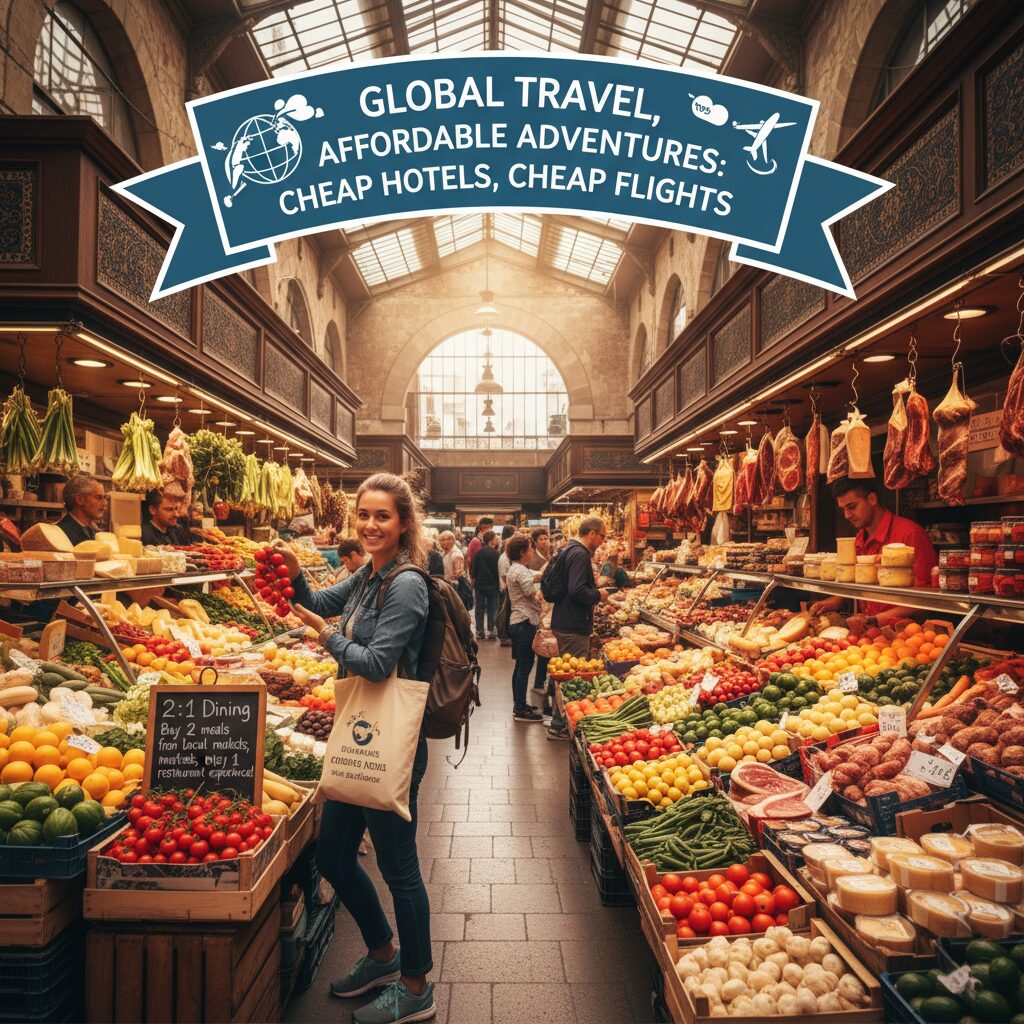 A vibrant local grocery market in Barcelona with a traveler selecting fresh produce, illustrating the 2:1 dining rule