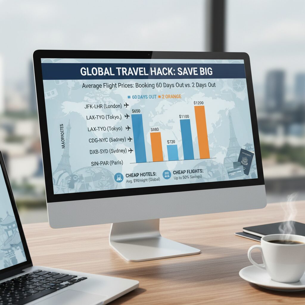 Chart comparing average flight prices for booking 60 days out versus 2 days out for major routes like JFK-LHR and LAX-TYO.