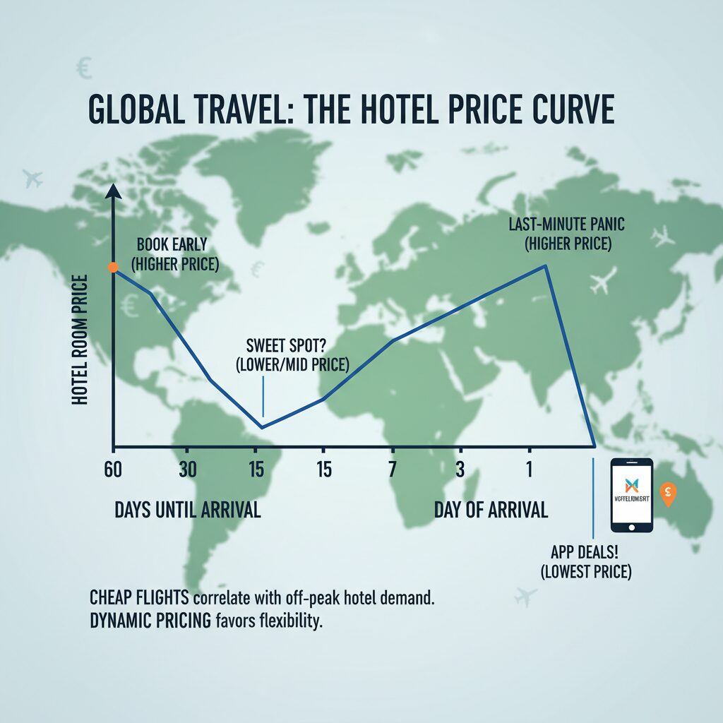 An infographic timeline showing the 'Price Curve' of a hotel room. It starts high, dips at 15 days out, rises again, and then drops sharply on the day of arrival (via apps like HotelTonight).