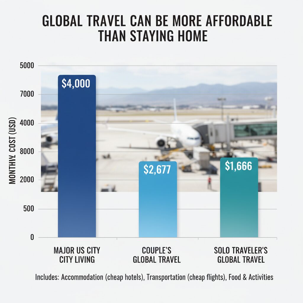 A bar chart comparing the monthly cost of living in a major US city (e.g., $4,000) vs. the monthly travel costs of the case studies ($2,677 for a couple, $1,666 for a solo traveler), demonstrating that travel can be cheaper than staying home.