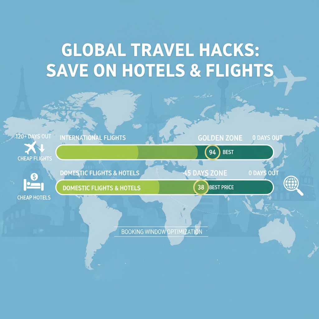 Infographic showing a timeline of booking windows, with a "Golden Zone" highlighted at 38 days for domestic and 94 days for international travel.