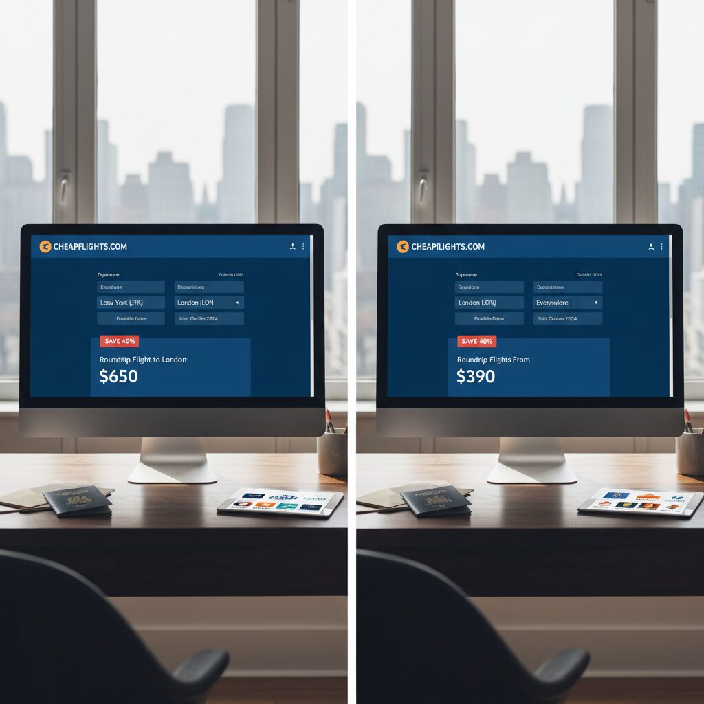 A screenshot comparison showing a flight search to "London" vs "Everywhere" highlighting a 40% price difference