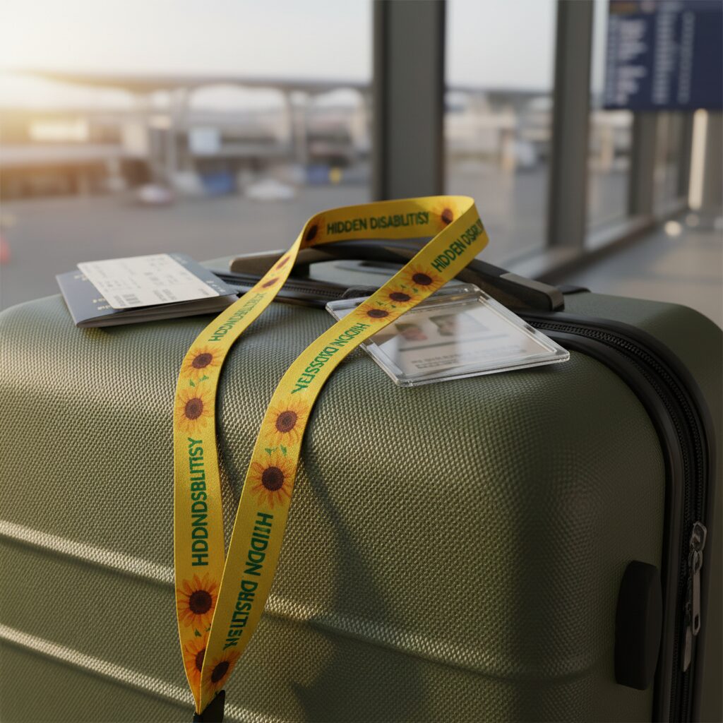 Close up photo of a Hidden Disabilities Sunflower Lanyard resting on a travel suitcase, soft lighting