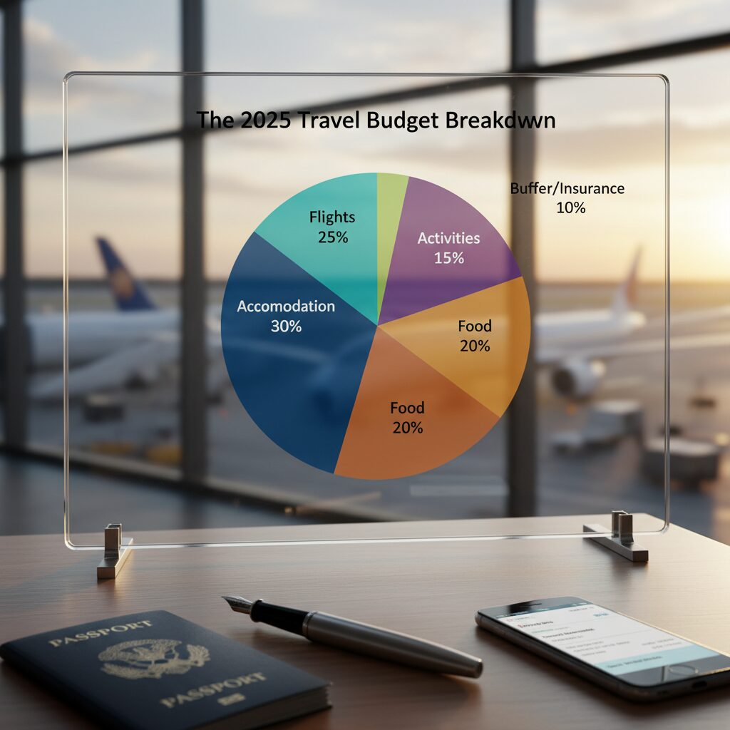 A pie chart visualization titled "The 2025 Travel Budget Breakdown" showing segments: Flights 25%, Accommodation 30%, Food 20%, Activities 15%, and Buffer/Insurance 10%.