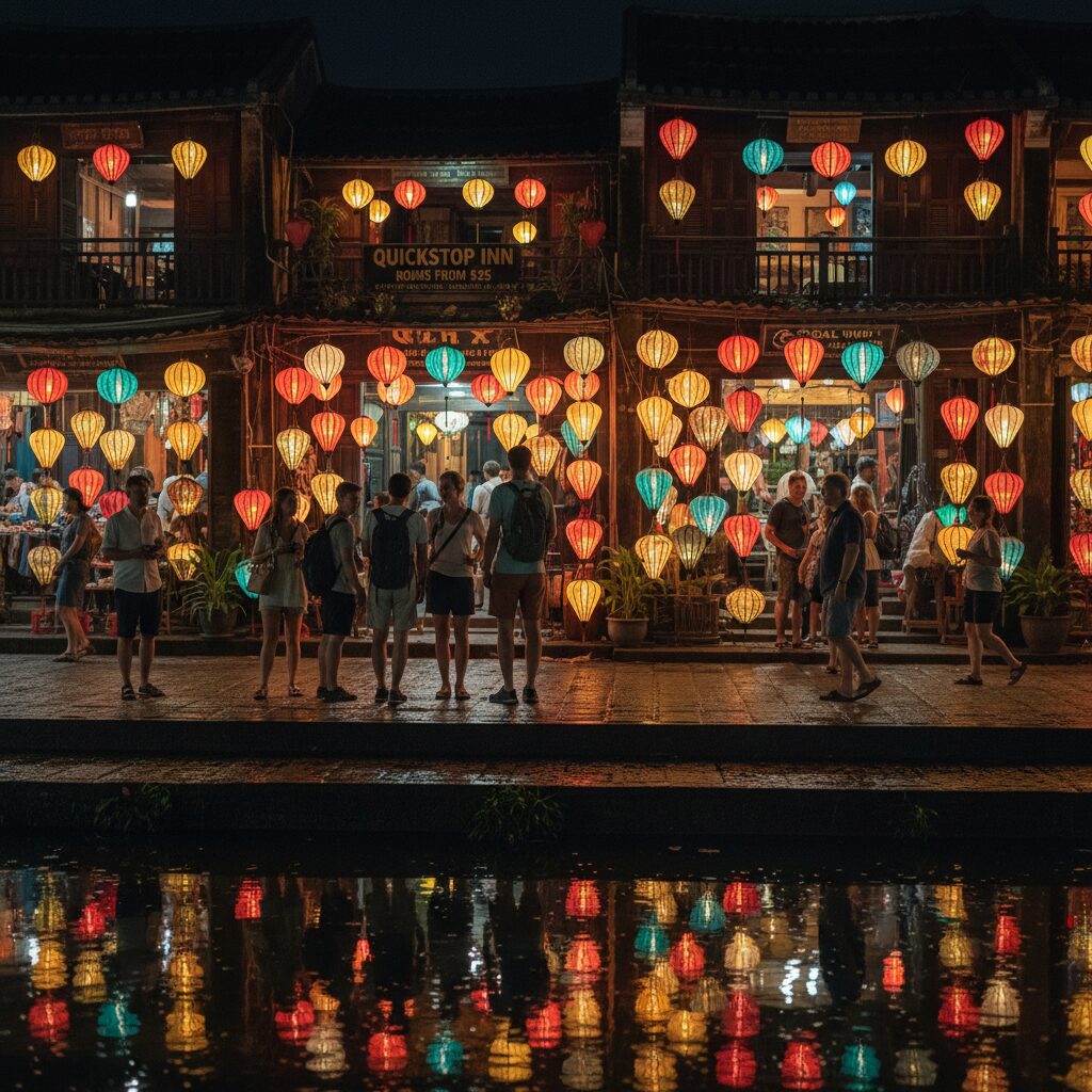 Detailed shot of colorful lanterns glowing at night in Hoi An Ancient Town, with tourists walking through the market streets.