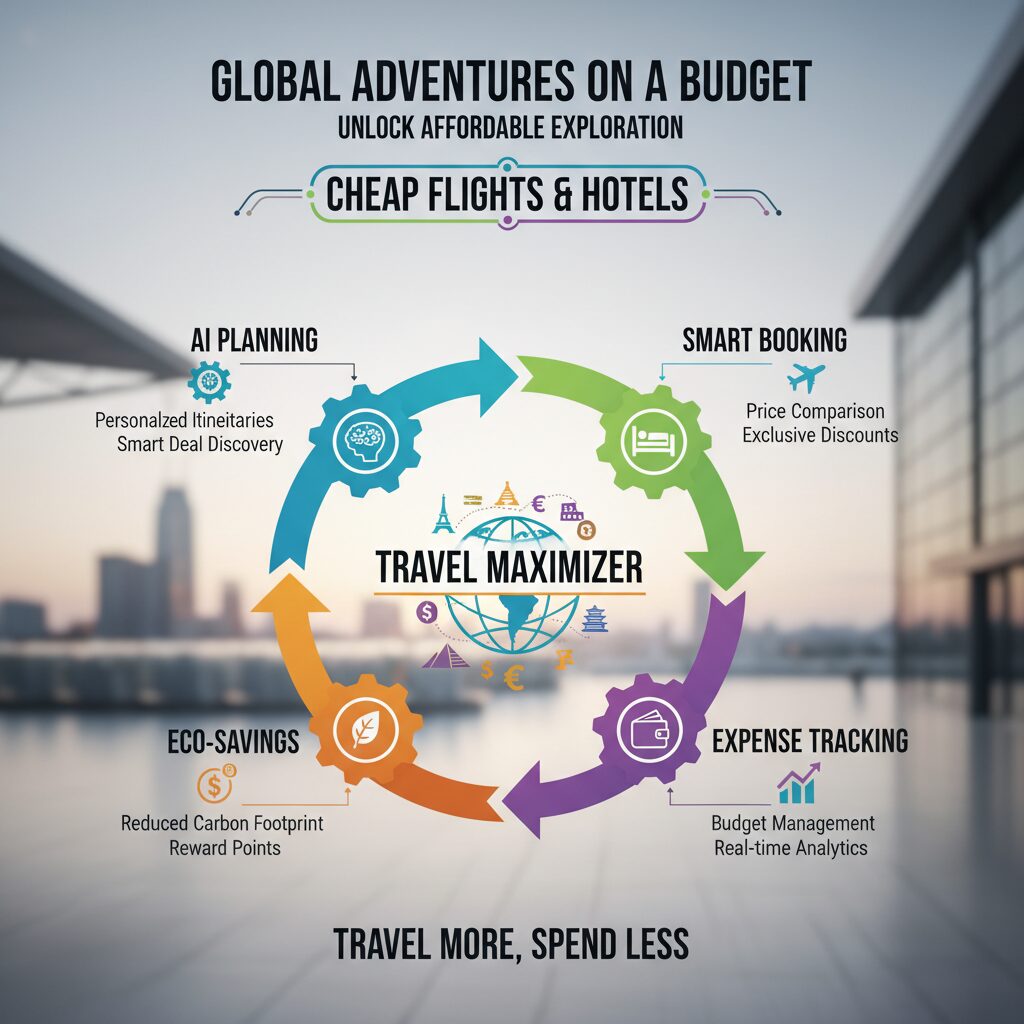 Infographic styled illustration showing the "Travel Maximizer" cycle: AI Planning -> Smart Booking -> Expense Tracking -> Eco-Savings.