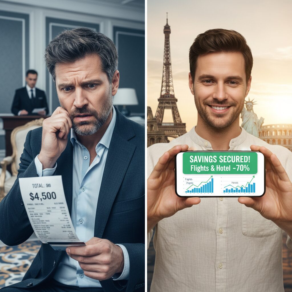 A conceptual split-screen image. On the left, a stressed traveler looking at a high bill. On the right, a relaxed traveler holding a smartphone showing a "Savings Secured" notification, with data charts in the background.