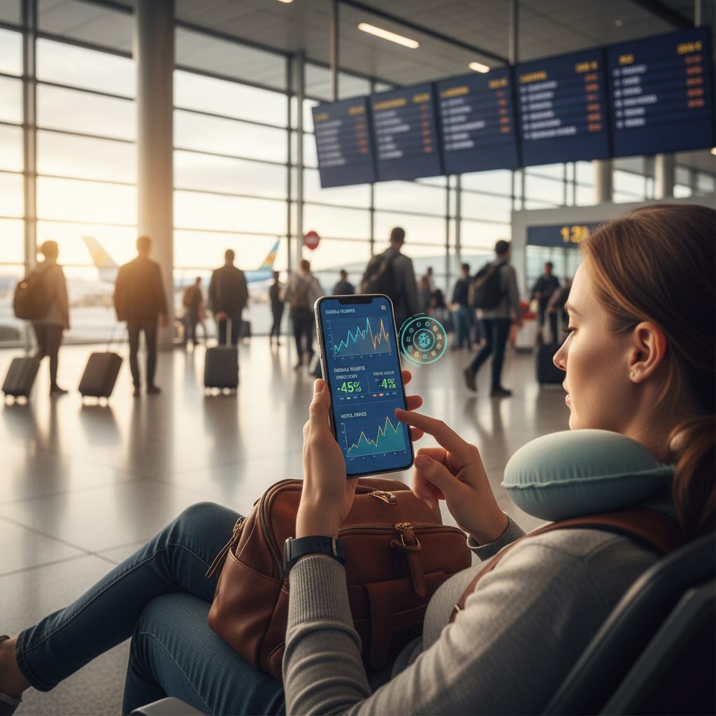 A modern traveler using a smartphone in a busy airport terminal, with digital graphs overlaying the screen showing currency exchange rates and flight price drops.