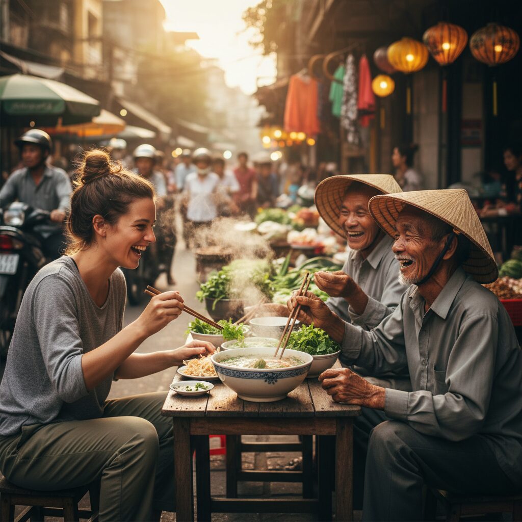 A solo traveler sitting at a small, rustic wooden table in a busy Hanoi street market, sharing a laughing moment and a bowl of pho with two local Vietnamese elders. The lighting is warm, capturing an authentic connection.
