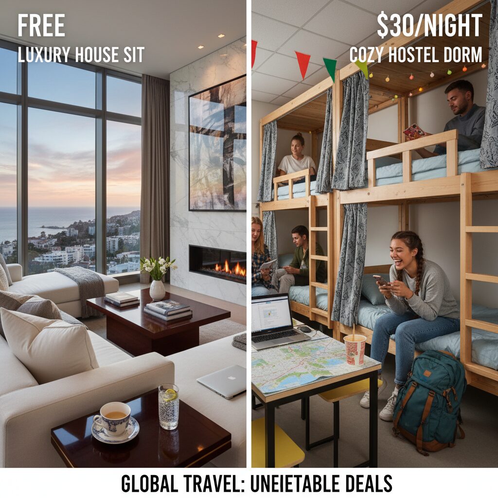 A split image showing a luxury house sit living room on the left and a cozy hostel dorm on the right, labeled 'Free vs. $30'