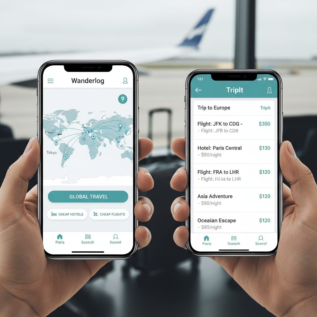 Side-by-side screenshot comparison of Wanderlog's map interface vs. TripIt's list interface on a mobile device.