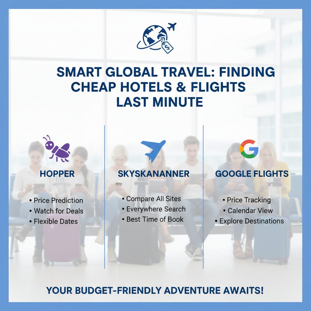 An infographic displaying icons of the top recommended apps: Hopper, Skyscanner, and Google Flights, with a brief bullet point under each explaining its 'superpower' for last-minute booking.