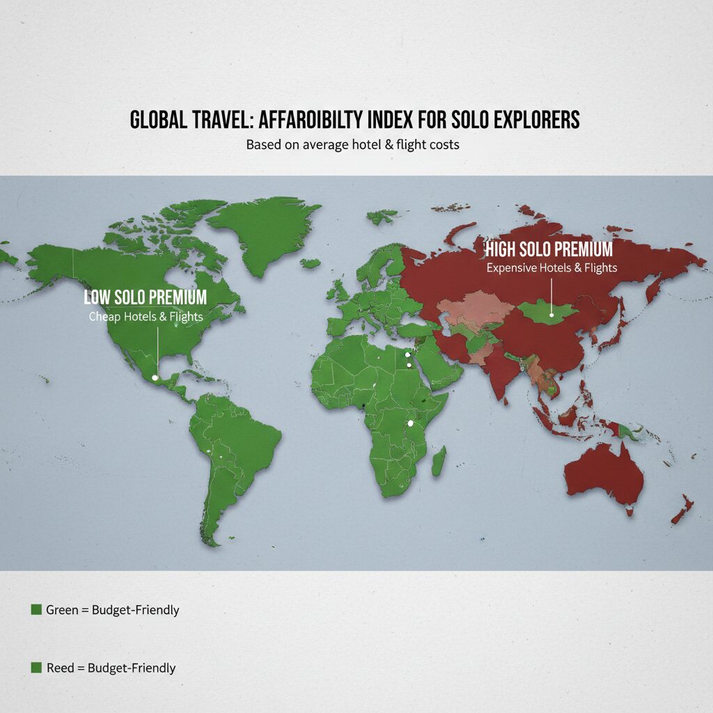 Infographic map of the world. Green zones (Southeast Asia, Latin America) labeled "Low Solo Premium". Red zones (USA, Western Europe) labeled "High Solo Premium".