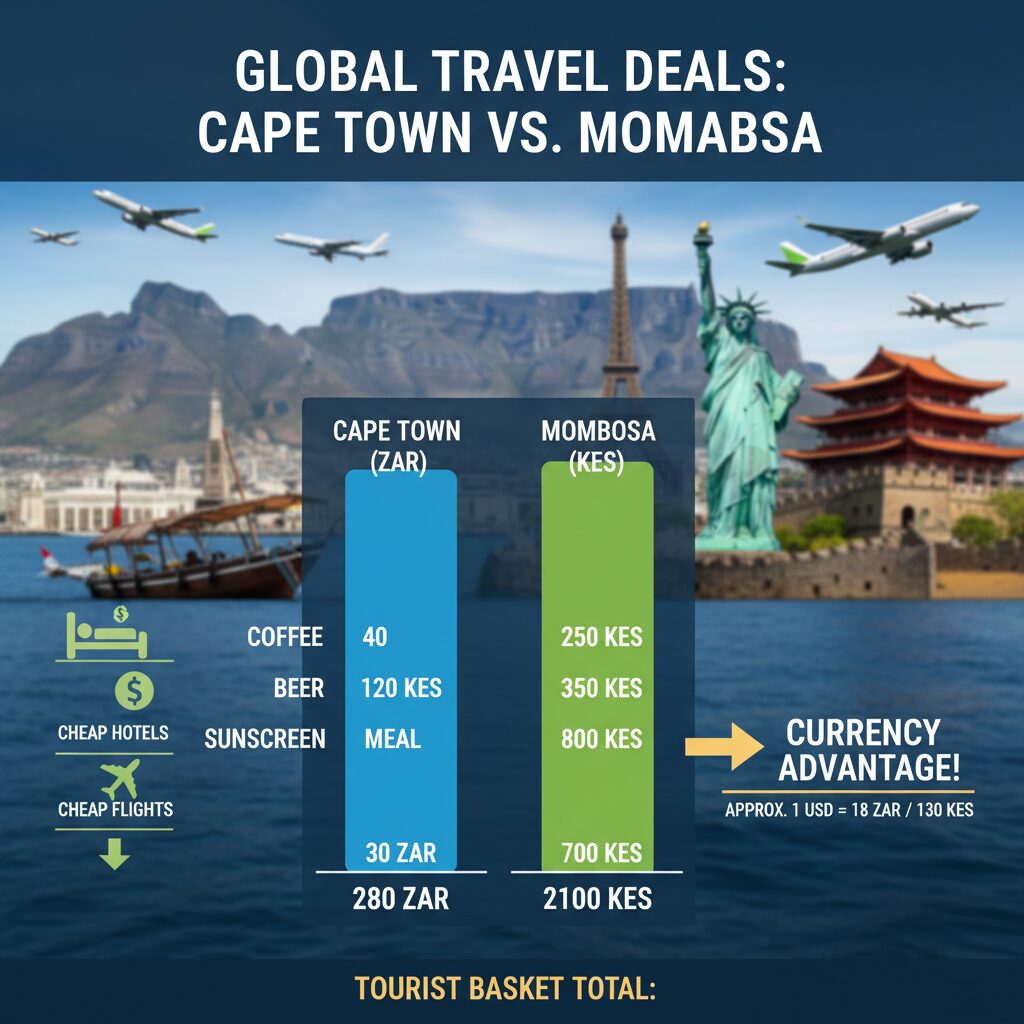 An infographic chart comparing the cost of a "tourist basket" (coffee, beer, meal, sunscreen) in Cape Town vs. Mombasa, highlighting the currency advantage