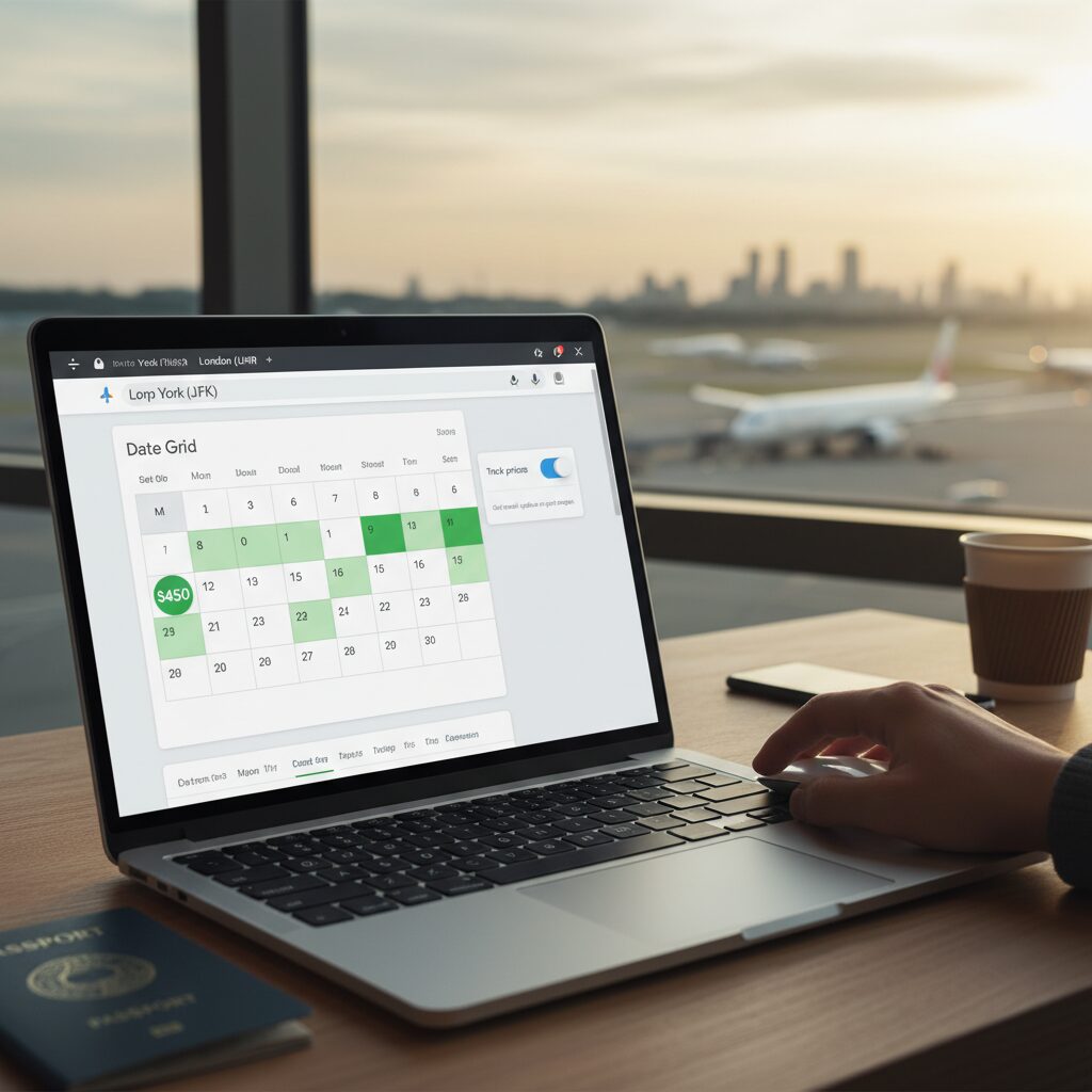 A screenshot mockup of the Google Flights interface highlighting the "Date Grid" feature and the "Track Prices" toggle.