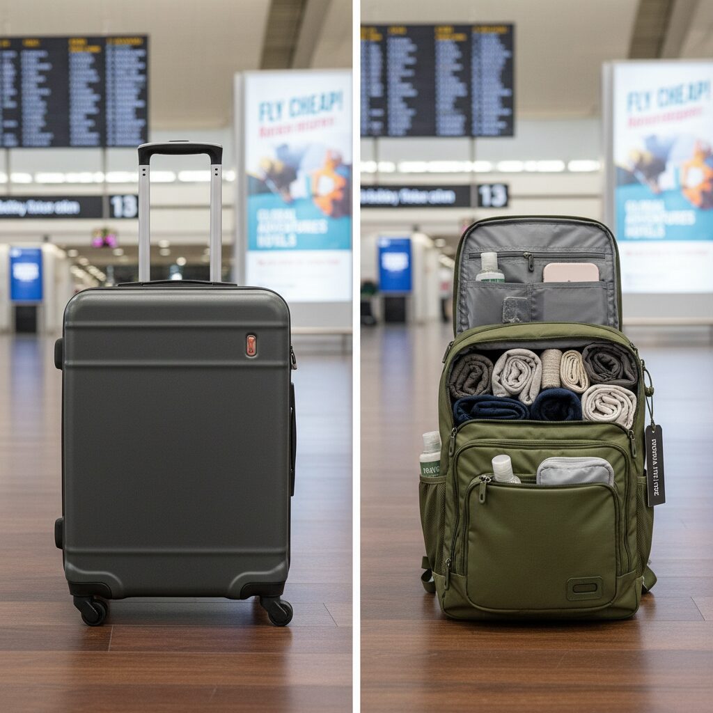 A side-by-side comparison of a standard rolling carry-on and a 'personal item' sized travel backpack packed with the same amount of clothes.