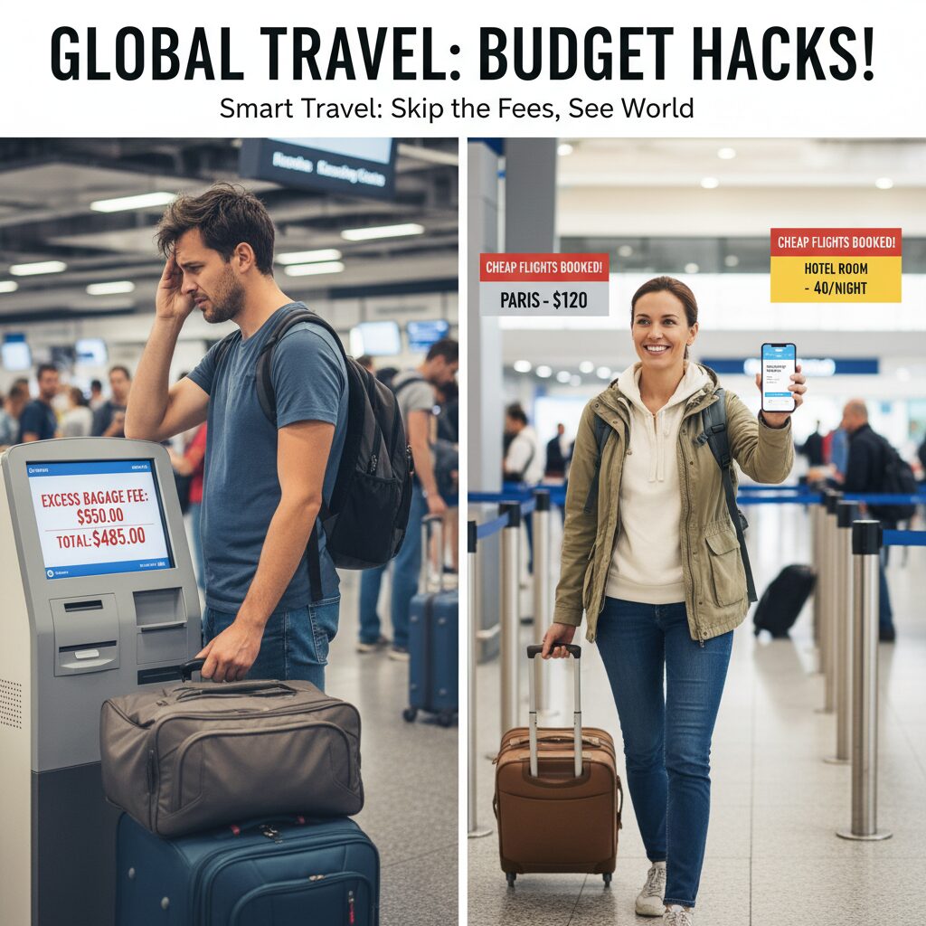 A stressed traveler looking at a self-service airline kiosk screen showing high baggage fees, contrasted with a happy traveler breezing through security with a backpack.
