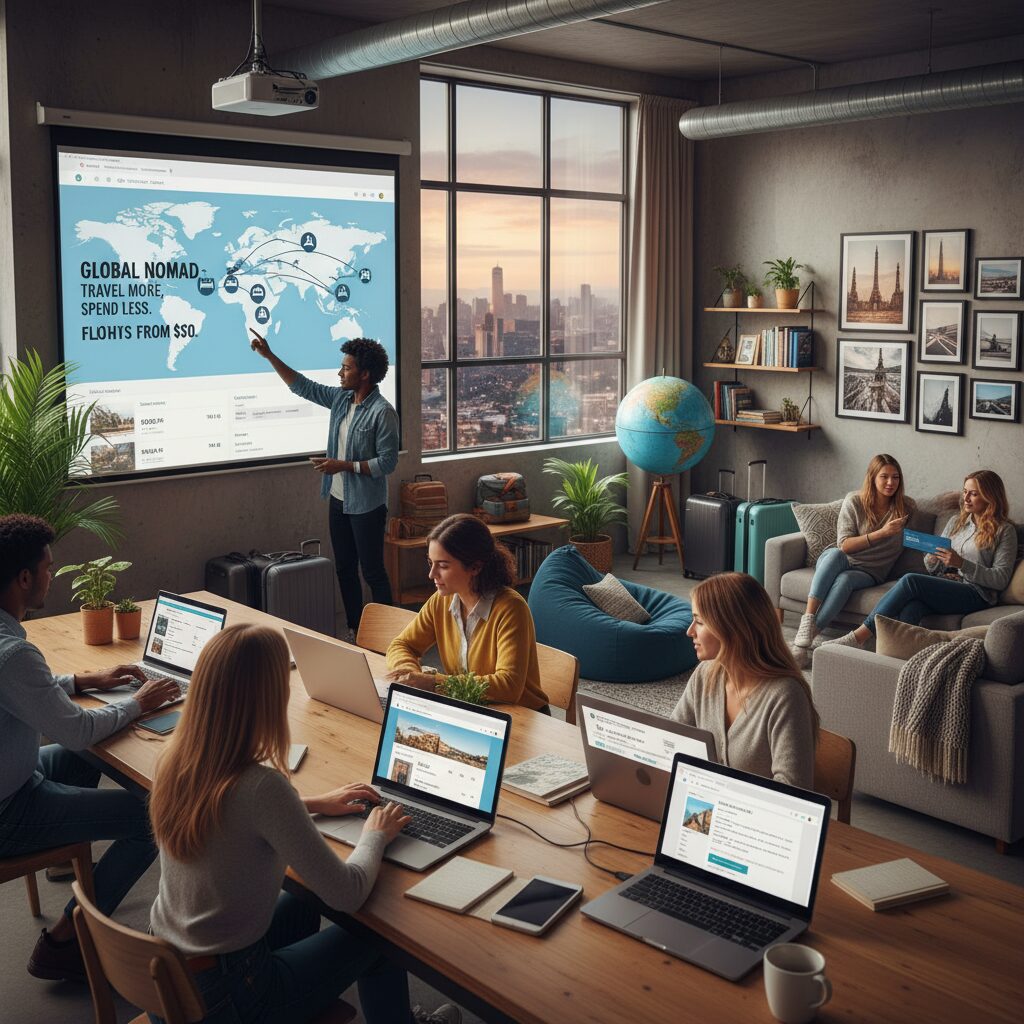 A bright, modern co-living space featuring a shared workspace with digital nomads working on laptops and a comfortable lounge area