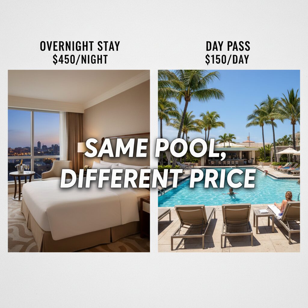 A split-screen comparison graphic. Left side: "Overnight Stay $450/night" showing a hotel room. Right side: "Day Pass $150/day" showing a pool and amenities. Text overlay: "Same Pool, Different Price."