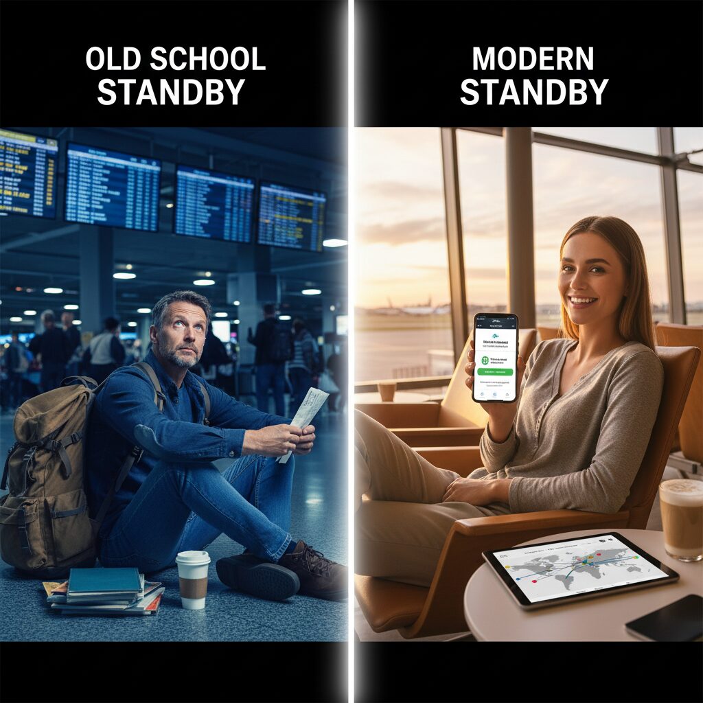 A split graphic contrasting 'Old School Standby' (person waiting at gate hoping for a seat) vs 'Modern Standby' (person using an app to confirm a same-day flight change).