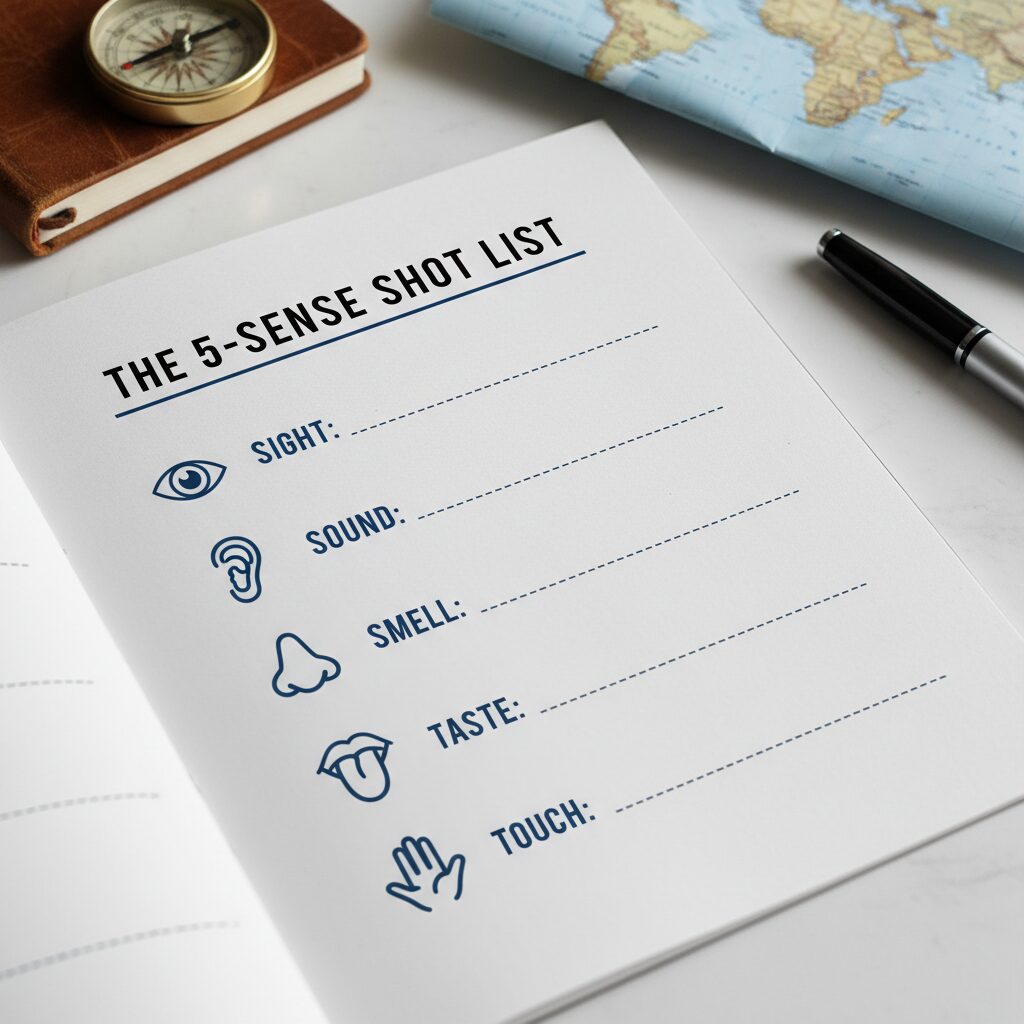 An infographic styled as a checklist titled "The 5-Sense Shot List" showing icons for sight, sound, smell, taste, and touch, with a blank line next to each for user customization.