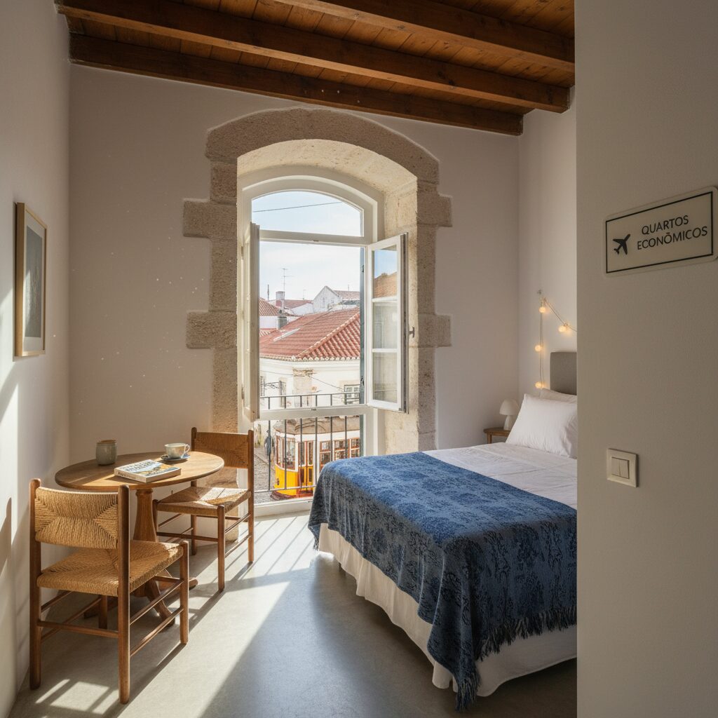 A cozy, aesthetically pleasing budget guesthouse room in Portugal with sunlight streaming in