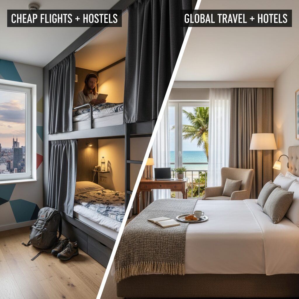 A split image comparing a modern, clean hostel dorm bunk with a privacy curtain versus a cozy, private room, highlighting the options.