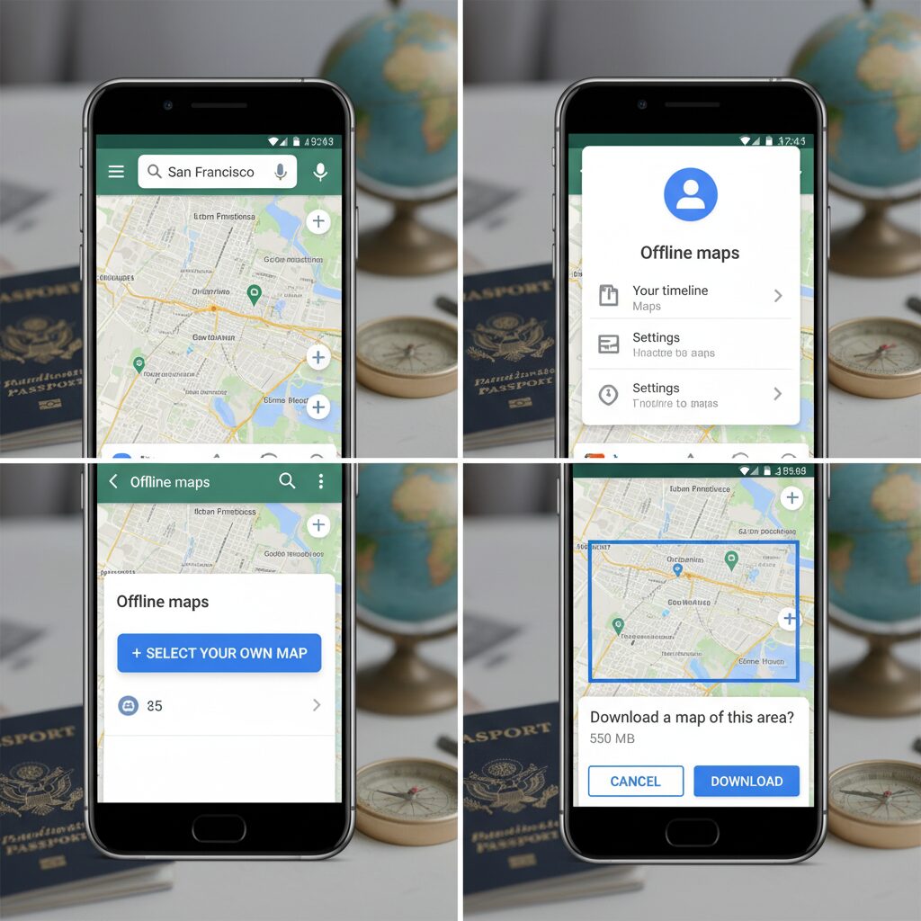 A step-by-step screenshot guide showing how to download offline maps in Google Maps, specifically highlighting the 'Download' button interface