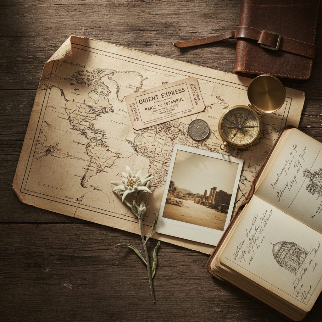 A flat-lay photograph of a wooden table covered in travel ephemera: a torn map, a train ticket, a foreign coin, a dried flower, and a polaroid photo, arranged artistically.