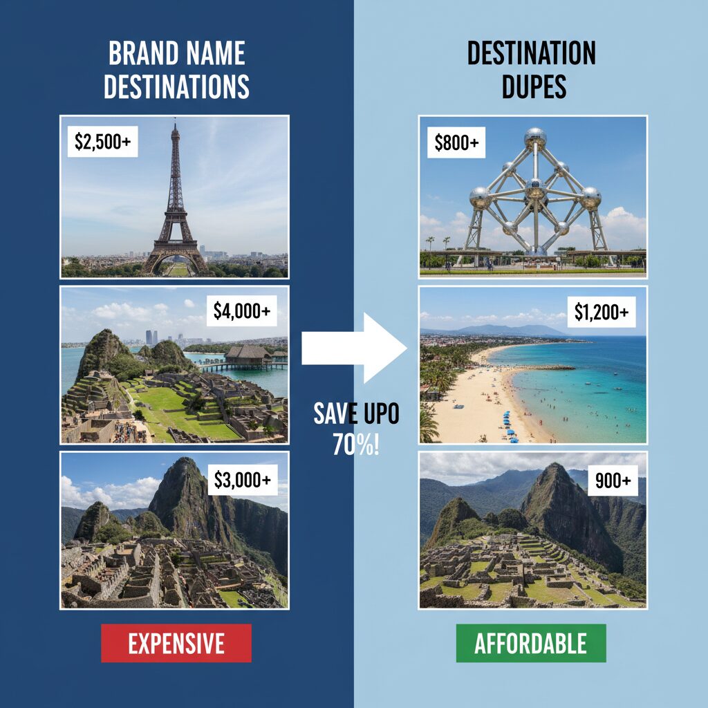 A split-screen infographic comparing "Brand Name Destinations" vs. "Destination Dupes" with price tags attached, illustrating the savings potential.