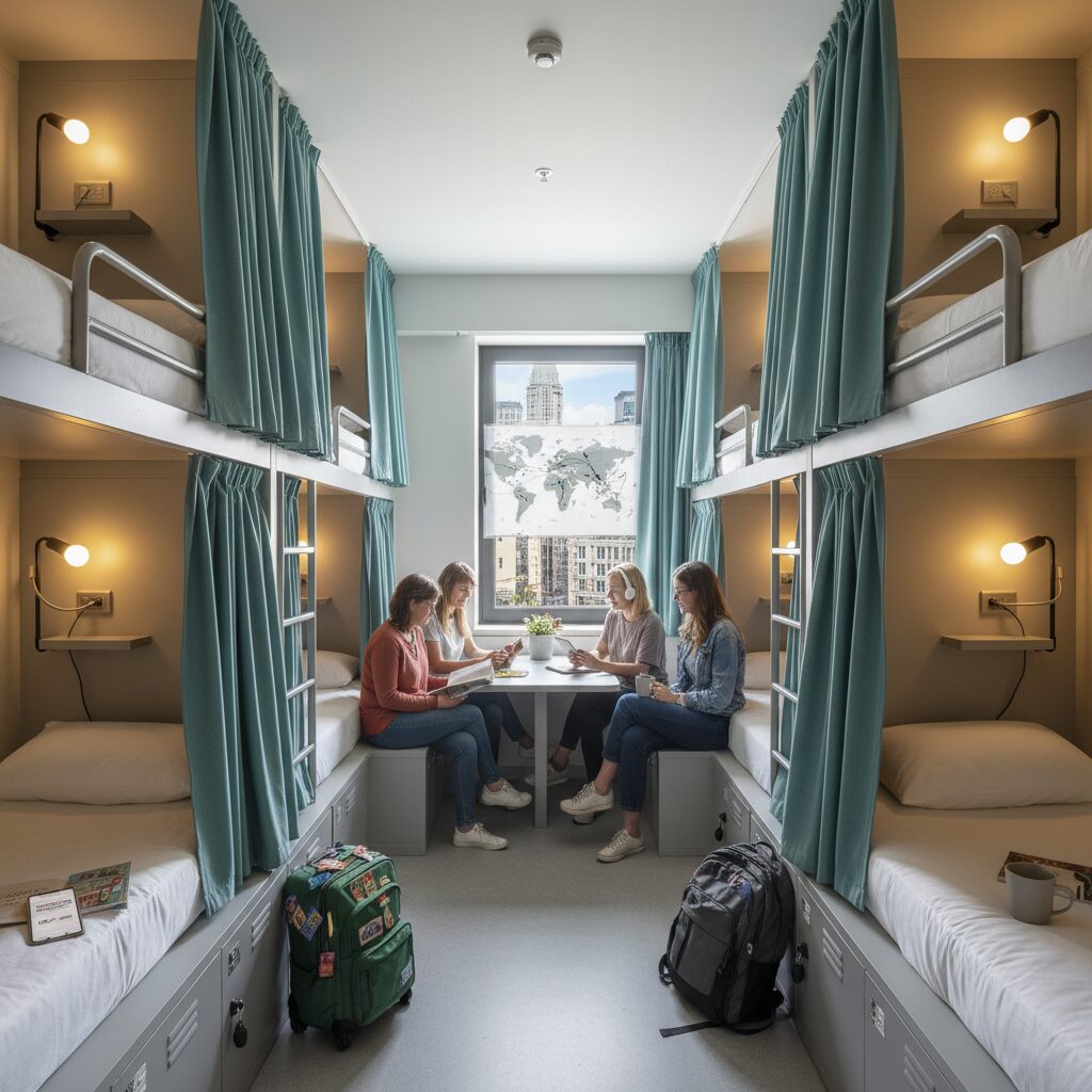 A secure, modern female-only dorm room with privacy curtains, individual reading lights, and lockers, emphasizing safety and comfort.