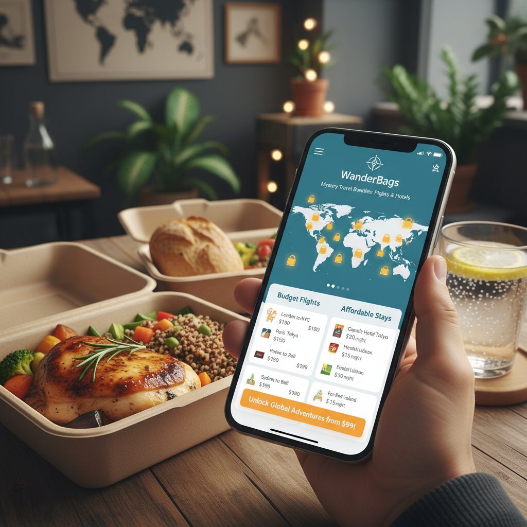 A smartphone screen showing the 'Too Good To Go' app interface with a map of available food bags, next to a delicious looking takeaway meal.