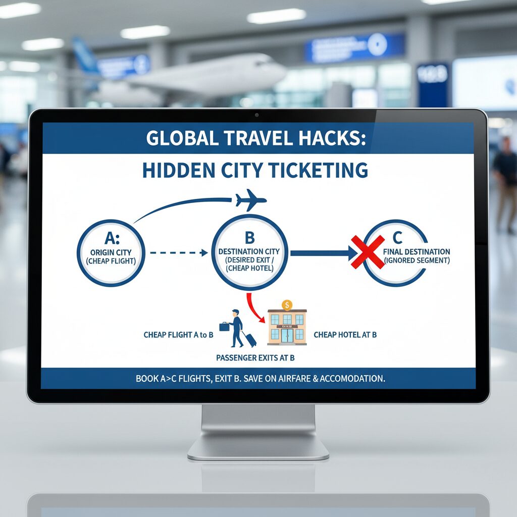 Visual diagram explaining Hidden City Ticketing: A flight path from A to C with a stop in B, showing the passenger exiting at B.