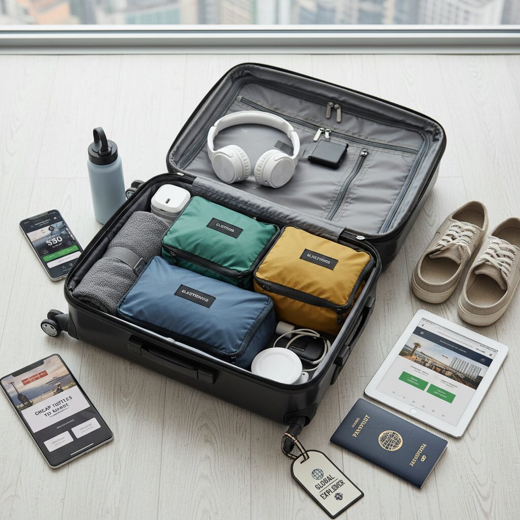A flat-lay photograph of a neatly packed carry-on suitcase showing packing cubes and essential travel items, demonstrating the 'carry-on only' lifestyle.