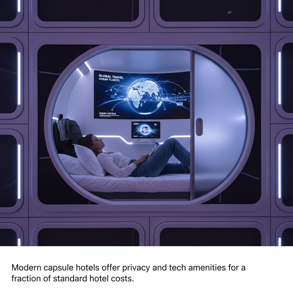 Interior shot of a modern 'pod' hotel room or capsule. It looks futuristic, clean, and cozy with LED lighting. Caption: Modern capsule hotels offer privacy and tech amenities for a fraction of standard hotel costs.