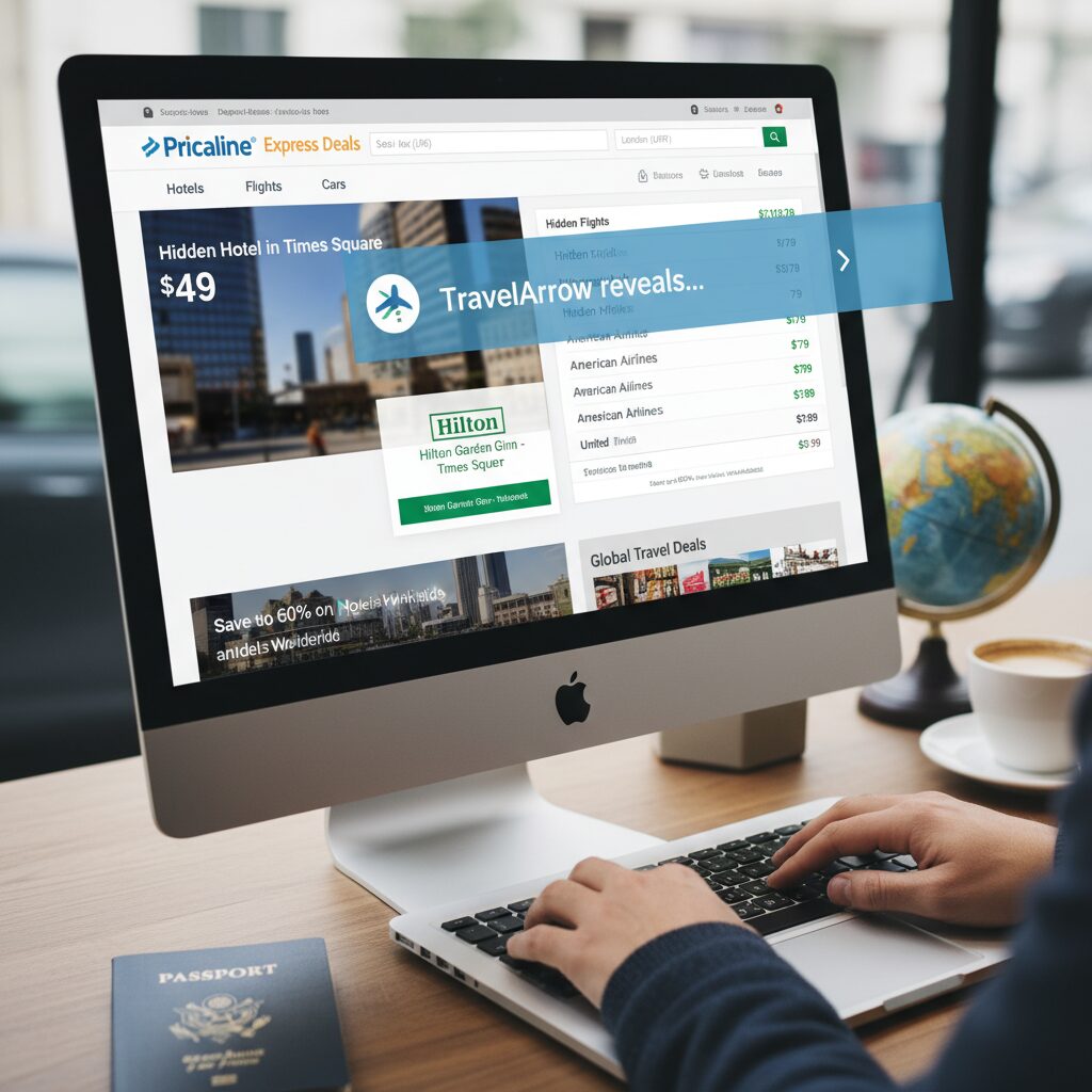 A screenshot of the Priceline Express Deals page with the TravelArrow extension active, showing a 'Hidden' hotel being revealed as a Hilton Garden Inn for $49.