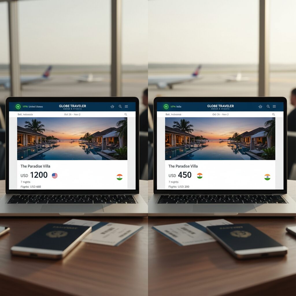 Split screen comparison showing the same hotel booking page with two different prices based on VPN location