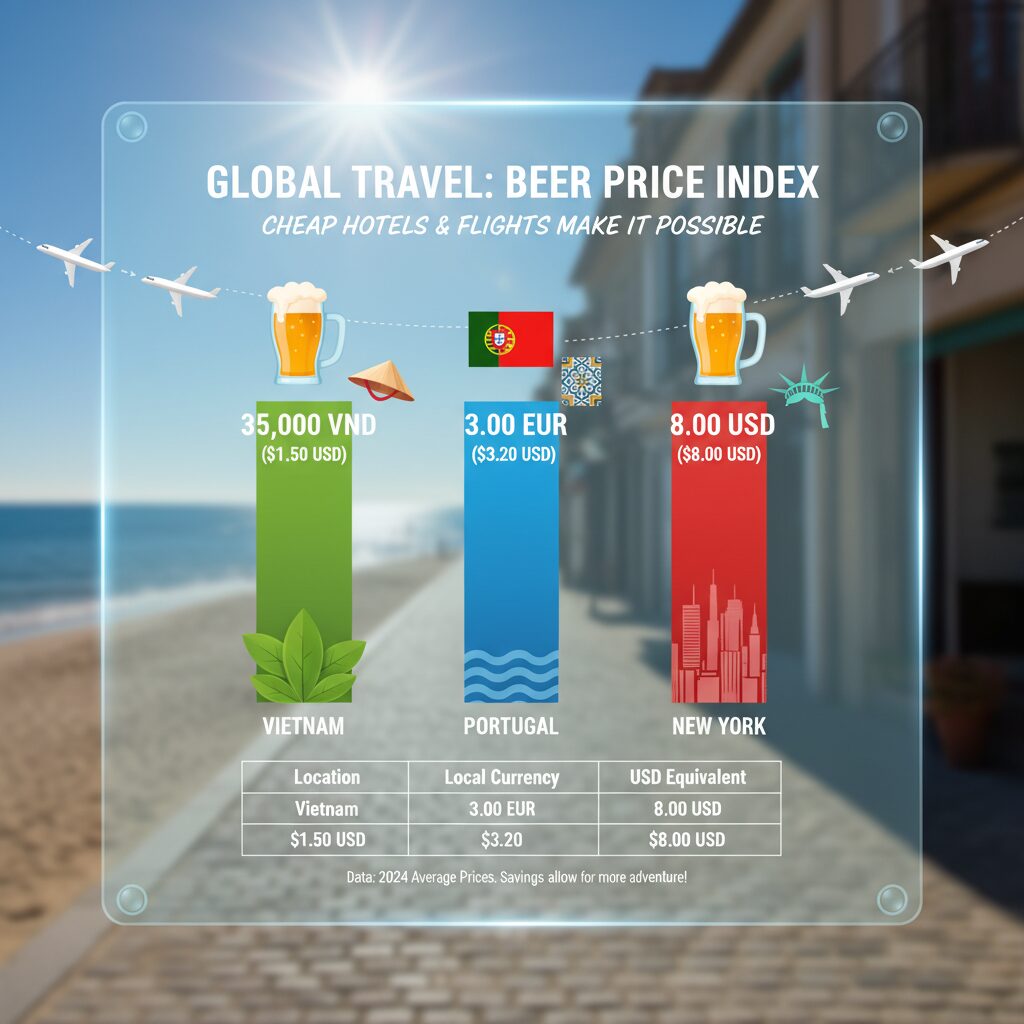 An infographic chart comparing the cost of a beer in Vietnam, Portugal, and New York, visually representing the data in the table above.