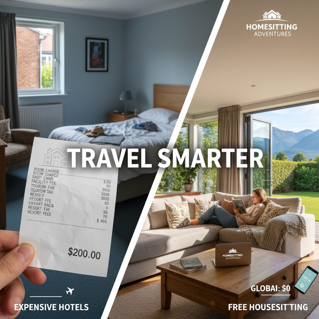 A split screen comparison showing a cramped hotel bill of $200 vs a spacious house sitting living room with a cost of $0, illustrating the value of alternatives