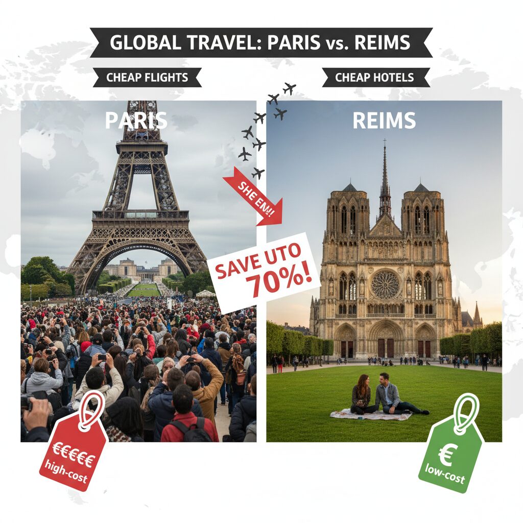 A split-screen comparison infographic showing Paris (crowded, expensive price tag) versus Reims (relaxed, scenic, lower price tag) highlighting the savings